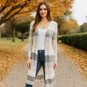 Cabi Nantucket Gray/Cream Long Duster Cardigan Size S